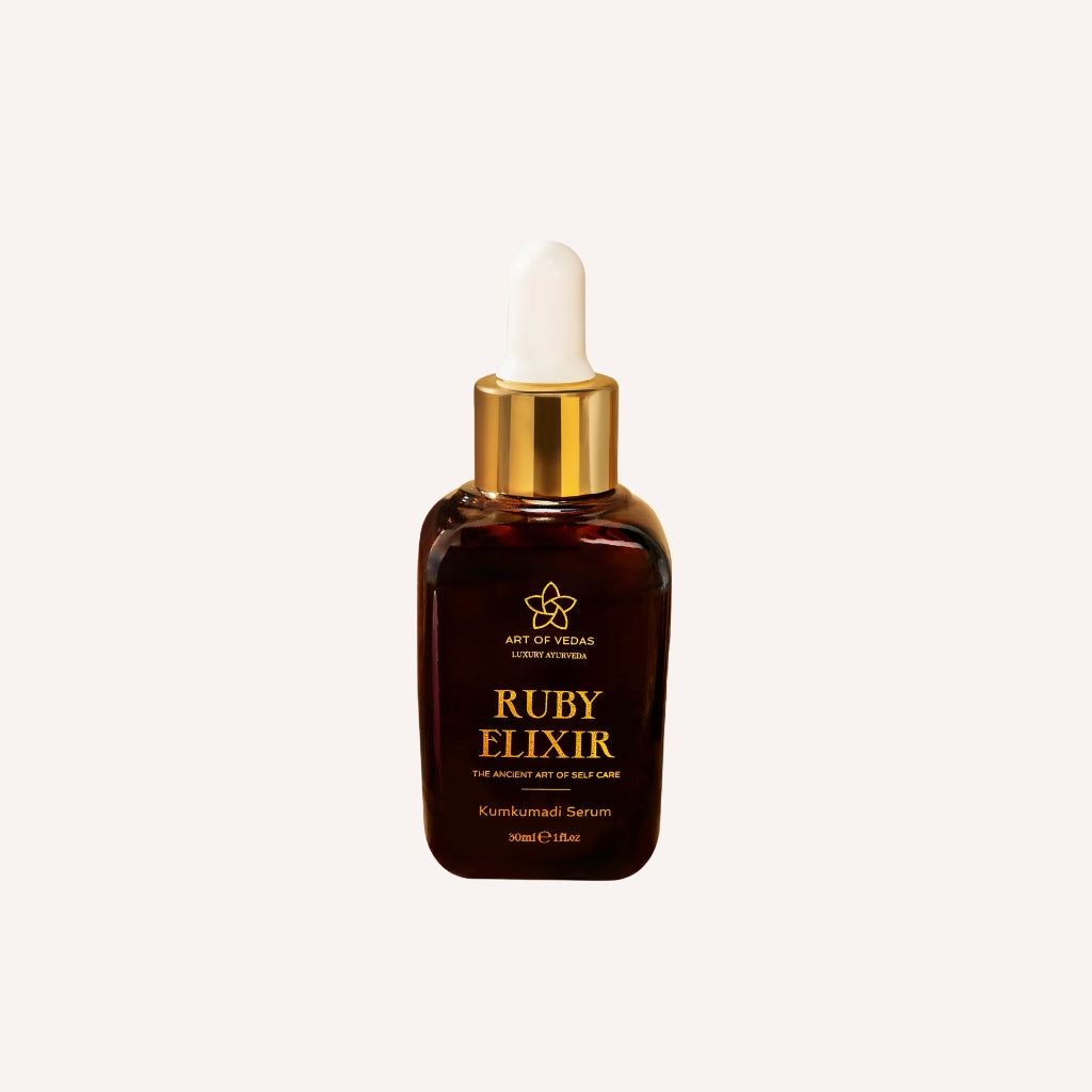 Unveil the secret to radiant skin with Art of Vedas Ruby Kumkumadi Face Serum, a pure and potent blend of fresh Ayurvedic herbs and organic oils that revitalizes, rejuvenates, and awakens your skin's natural glow.